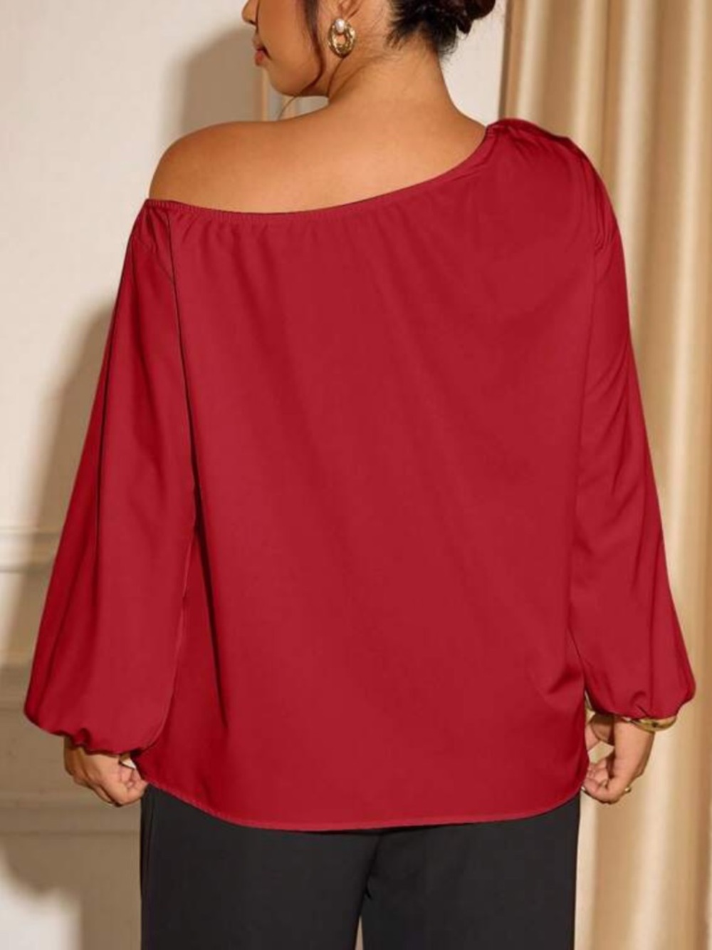 NWOT Red One-Shoulder Satin Top with Floral Accent - Picture 2 of 10